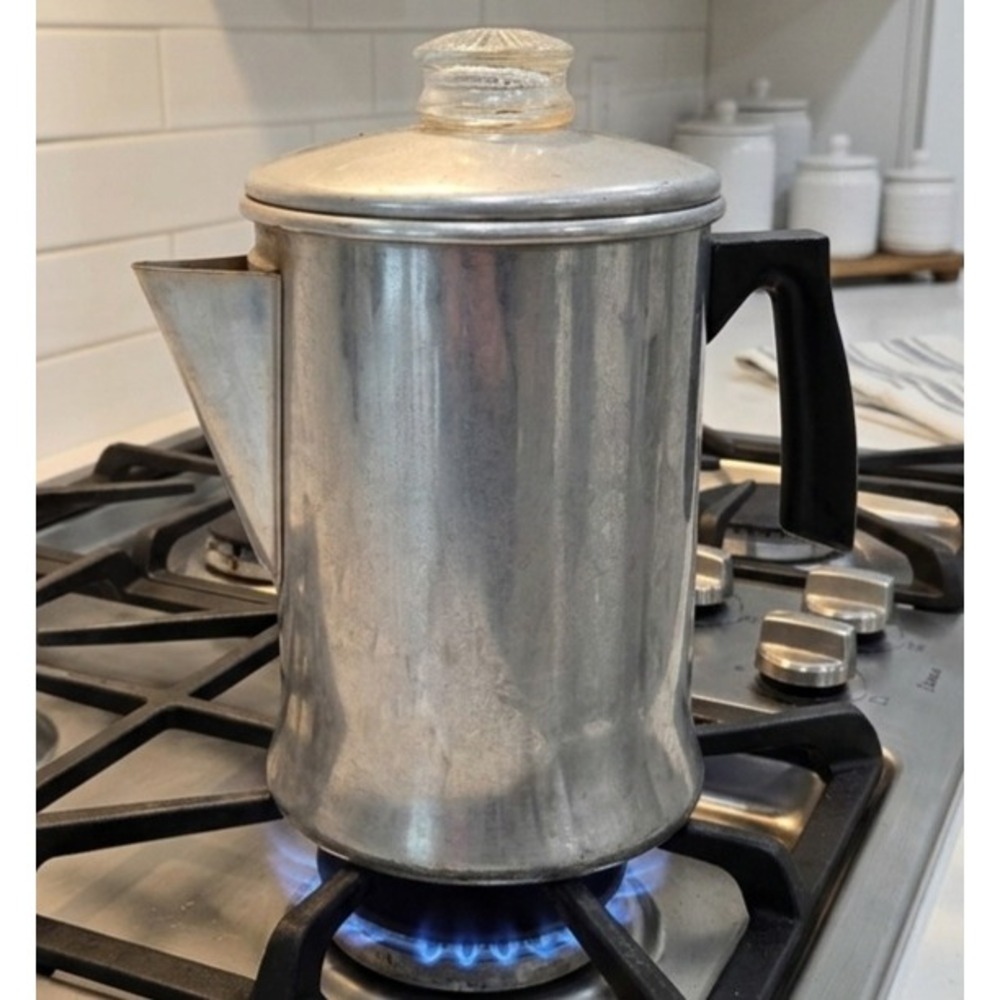 Vintage Mirro Aluminum Stovetop Percolator Coffee Pot Silver 7.5 Inch Glass Knob